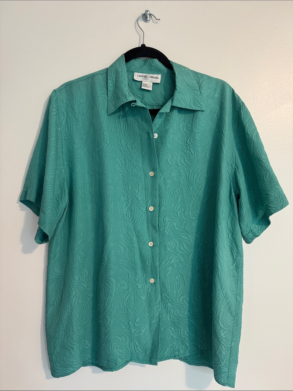 Vintage 100% Silk Casual Corner Teal Short-Sleeve Button-Down Shirt